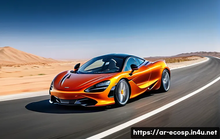 맥라렌 720S와 페라리 F8 트리뷰토 비교 - A dynamic exterior shot of a McLaren 720S on a sunlit desert highway in the Middle East, highlightin...
