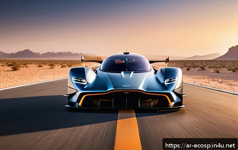 애스턴마틴 발키리의 극한 퍼포먼스 리뷰 - A futuristic Aston Martin Valkyrie hypercar displayed on a desert road in the Middle East at sunset,...