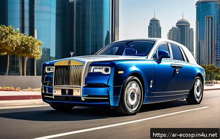 롤스로이스 팬텀의 연료 효율성 - A luxurious Rolls-Royce Phantom parked on a sunlit urban street in a Middle Eastern city during gold...