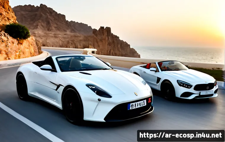 애스턴마틴 Vantage 로드스터와 포르쉐 718 비교 - Photorealistic luxury sports car comparison scene, a sleek British-style front-engine convertible gr...