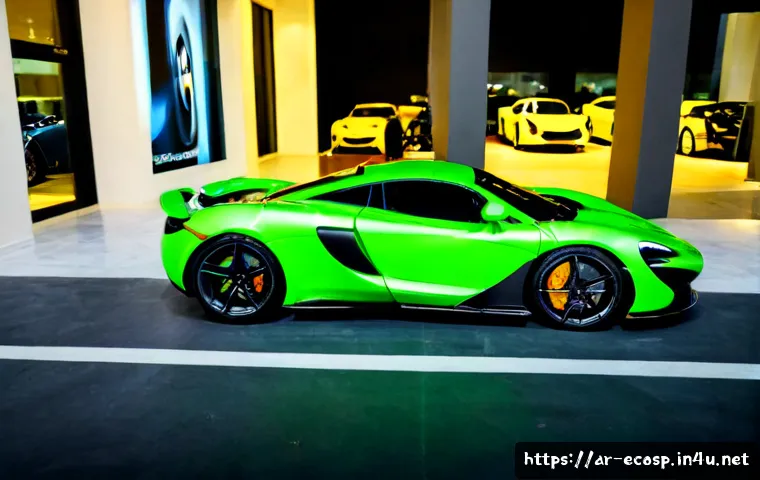 맥라렌 아투라의 글로벌 시장 반응 - Photorealistic unbadged McLaren Artura in vivid metallic green, parked outside a contemporary luxury...